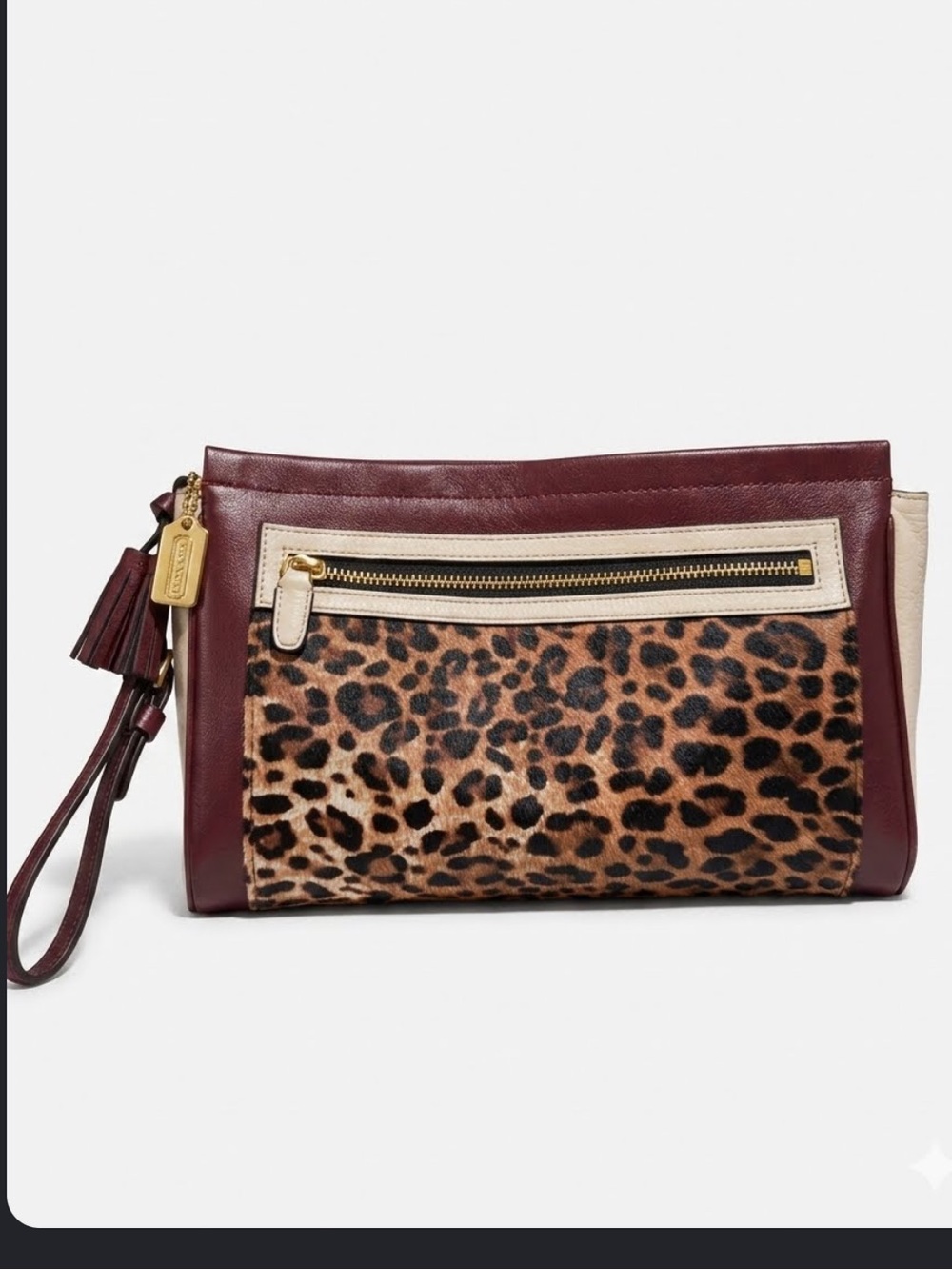 RARE VINTAGE COACH LEGACY Ocelot Calf Hair Clutch/Wristlet LEOPARD AND BURGUNDY